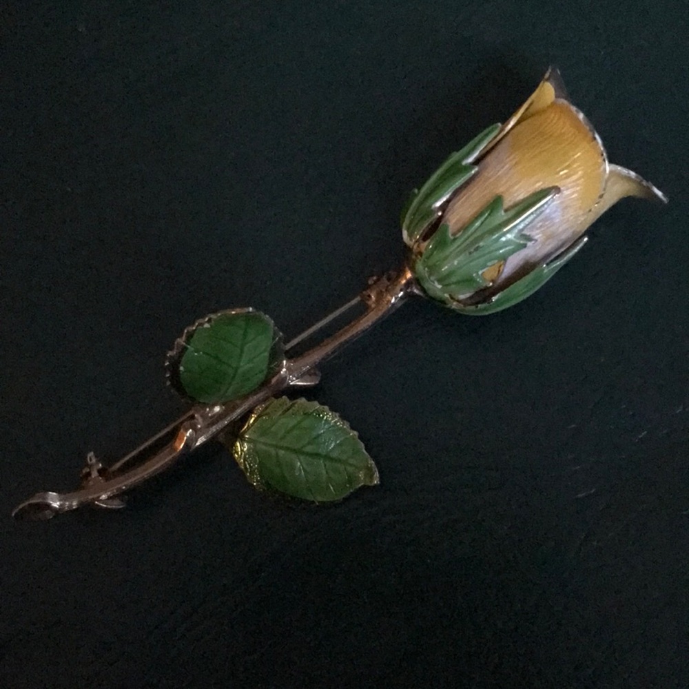Yellow Rose Brooch with Green Leaves
